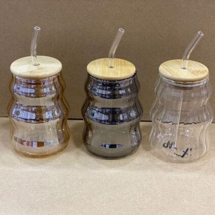 Volcano Glass Mug With Bamboo Glass And Straw.