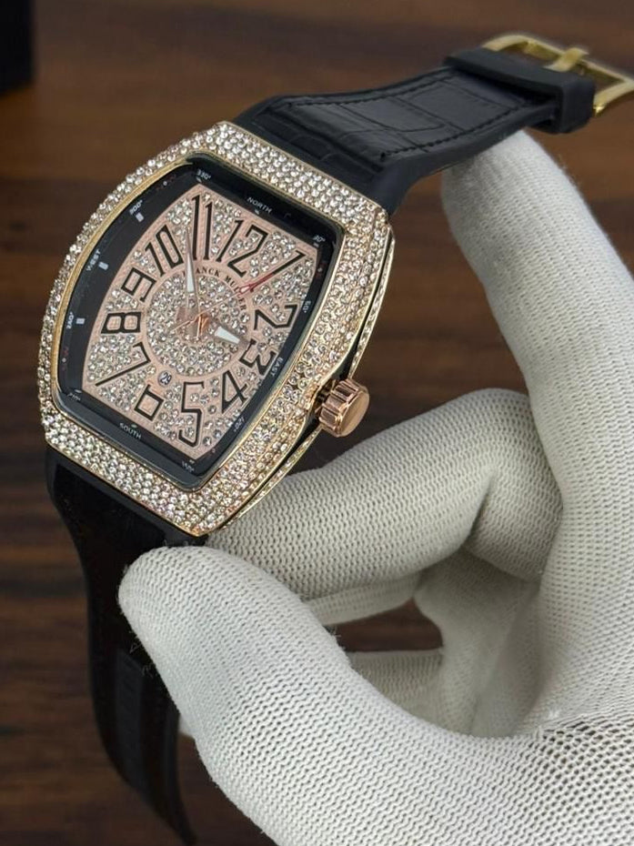 Frank Muller Stone Dial Luxury Automatic Watch – Black Leather Strap