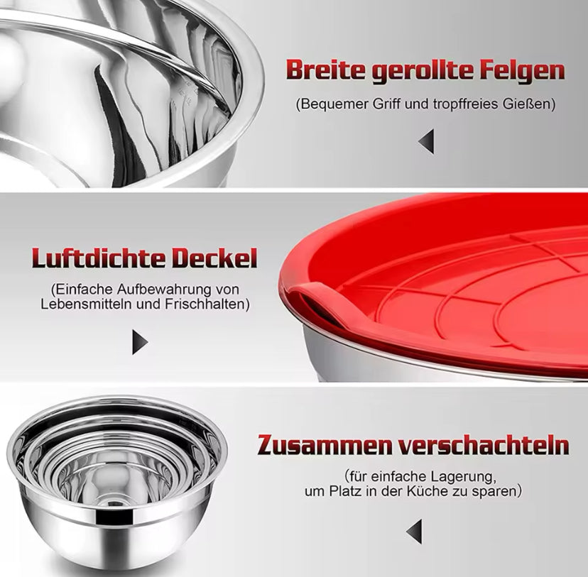 Set Of 5 Stainless Steel Mixing Bowl With Lid, Silicone Mixing Bowl Set, Salad Cooking Mixing Bowl, Stainless Steel Pots, Multifunctional Sealed Fresh Bowl Household, Kitchen Cooking Bowl