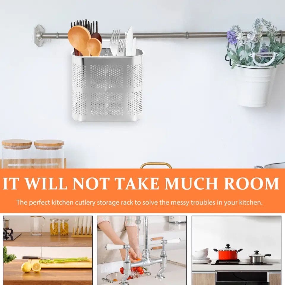 Stainless Steel Utensil Holder, Kitchen Wall Hanging Steel Cutlery Holder Organizer Rack, Multifunctional Chopstick Basket, Silverware Caddy Cutlery Rack, Drying Rack Basket Holder with Hooks