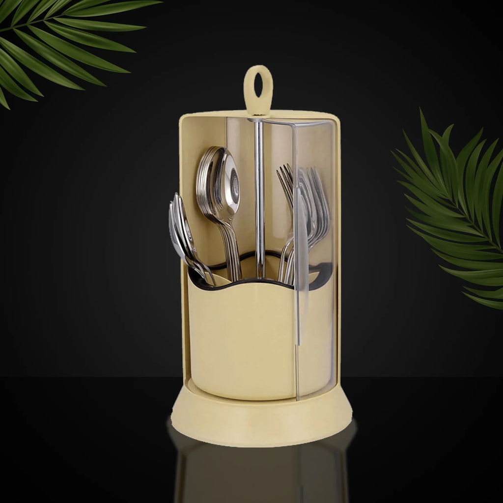 Covered Cutlery Holder, Rotating Cutlery Box With Transparent Cover, 4 Compartment Cutlery Holder, Multifunctional Fork Chopsticks Storage Stand,  Standing Plastic Storage Container, Kitchen Cutlery Organizer