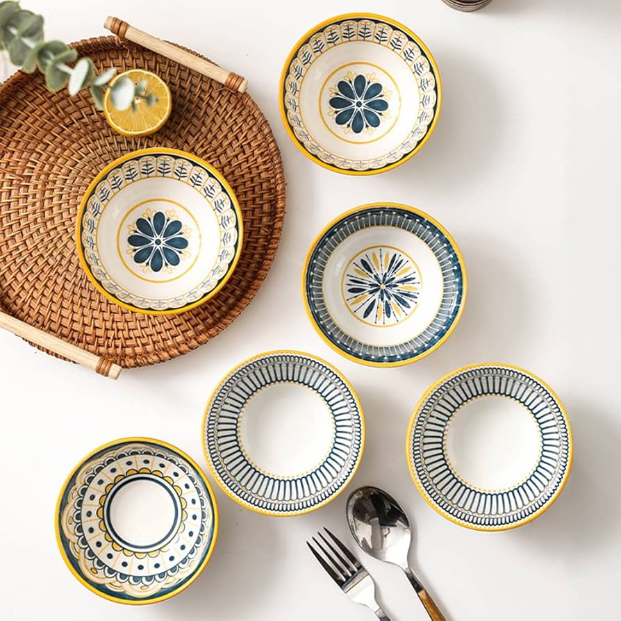 Set of 6 Ceramic Serving Bowls, Japanese Ceramic Rice Bowl, Dinnerware Bowls Gift Set, Floral Ceramic Bowl Set