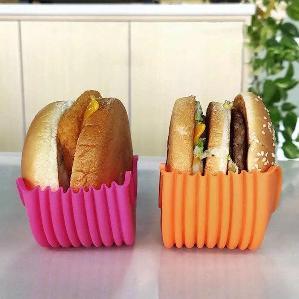 Hamburger Holder, Reusable Sandwiches Holder, Burger Buddy Clip Rack, Food Grade Silicone Burger Rack, Expandable Adjustable Burger Holder, Silicone Hamburger Clip, Anti Drop Hamburger Box, Washable Telescopic Hamburger Holder