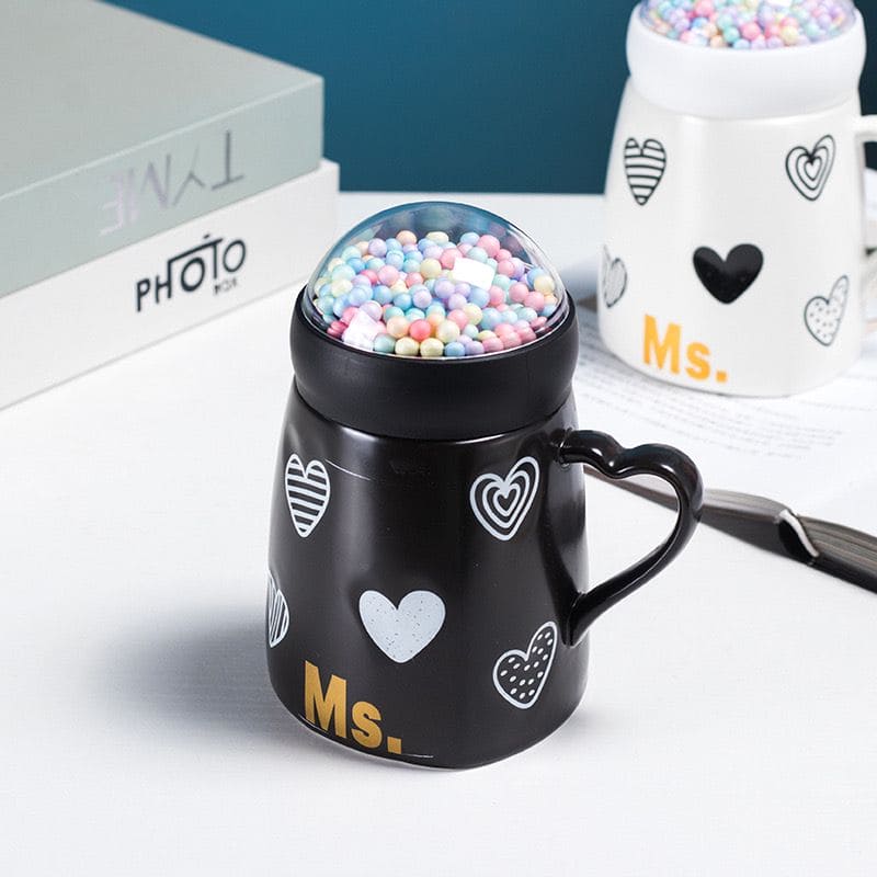 Mr Mrs Mug With Globe Lid, 500ml Large Capacity Couple Mug, Ceramic Coffee With Snow Ball Cap