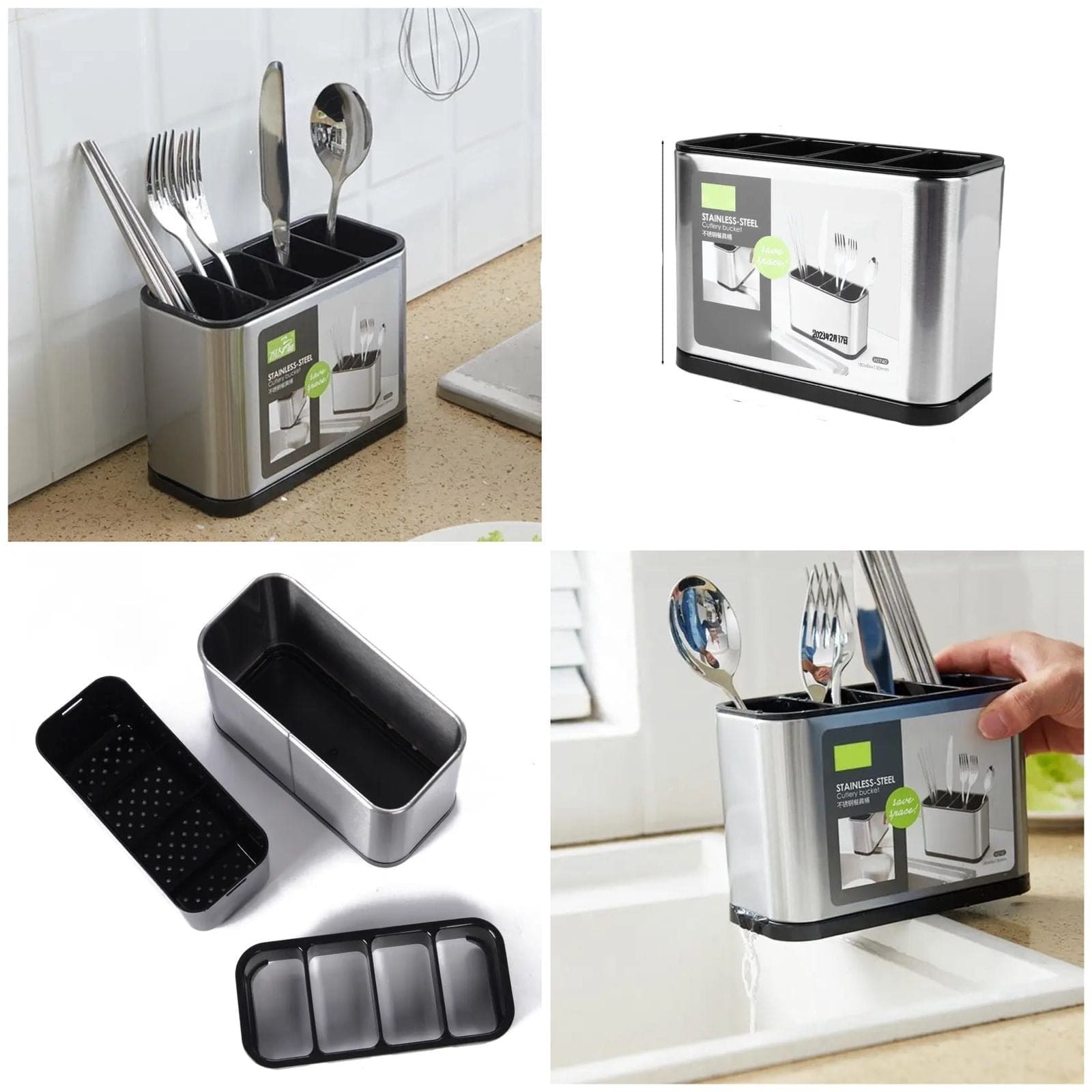 Kitchen Sink Cutlery Holder, Stainless Steel Flatware Organizer, Kitchen Utensils Cutlery Caddy Counter, Multifunctional Kitchen Sink Washing Sponge Storage Rack, Chopstick Cage with Water Outlet Tray