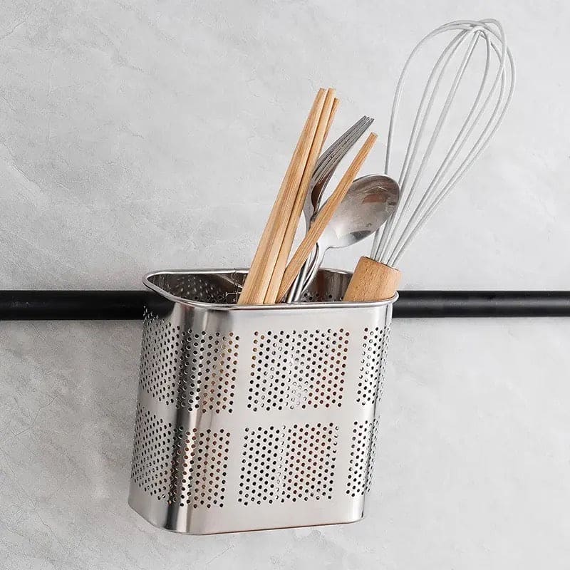 Stainless Steel Utensil Holder, Kitchen Wall Hanging Steel Cutlery Holder Organizer Rack, Multifunctional Chopstick Basket, Silverware Caddy Cutlery Rack, Drying Rack Basket Holder with Hooks