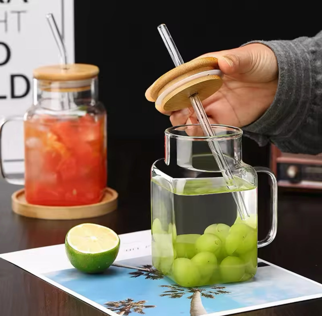 450ml Square Mug With Lid And Straw, Transparent Coffee Drinking Glass Cup With Handle.