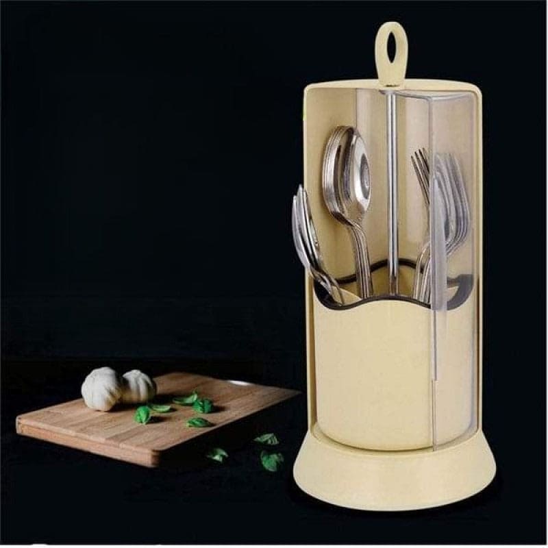 Covered Cutlery Holder, Rotating Cutlery Box With Transparent Cover, 4 Compartment Cutlery Holder, Multifunctional Fork Chopsticks Storage Stand,  Standing Plastic Storage Container, Kitchen Cutlery Organizer