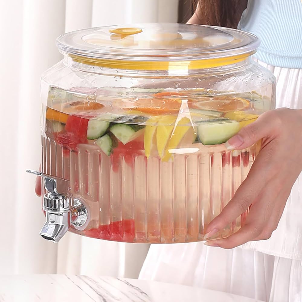 Acrylic Round Juice Container, Pot Beverage Dispenser, Fridge Juice Dispenser, Buffet Beverage Container, Juice Dispenser