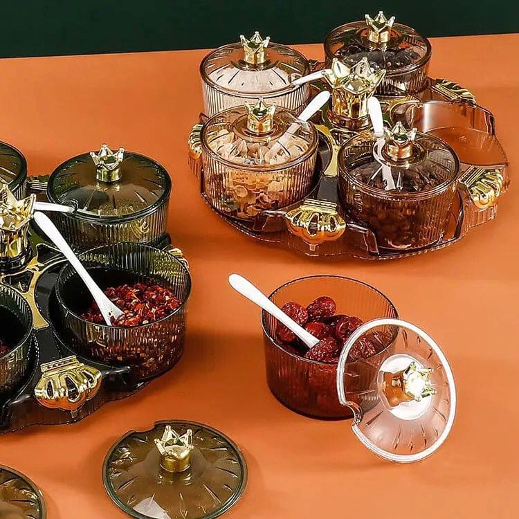 Golden Crown Spice Box, Creative Nut Candy Storage Box, Luxury Kitchen Salt Jar Pepper Sugar Bottle, Snack Tray Rotating Box, Snack Tray Rotating Box, Candy Tray Dried Fruit Tray Storage Box, Transparent Dried Fruit Box