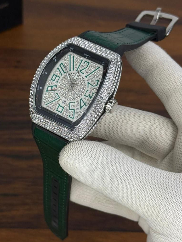 Frank Muller Stone Dial Luxury Automatic Watch – Green Leather Strap