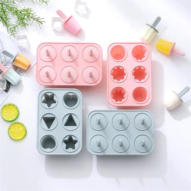 New Silicon Summer Ice Tray, 6 Hole Popsicle Mold, Reusable DIY Homemade Ice Cream Maker Tools, Ice Pole Jelly Popsicle Mold with Reusable Stick, Mini Dormitory Ice Maker for Chilling Cool Drinks