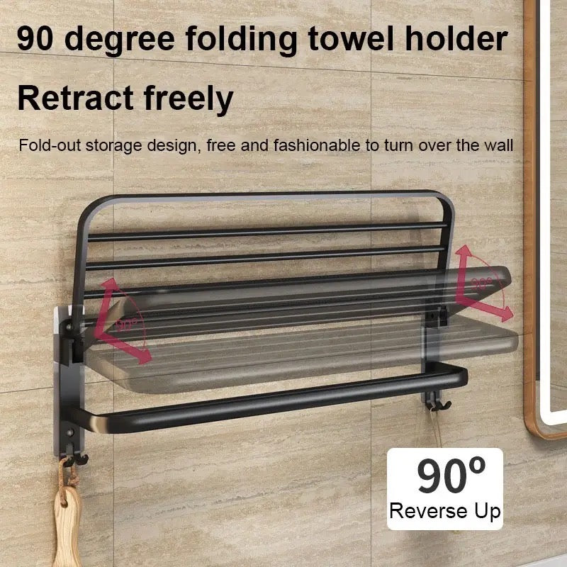 Double Folding Bath Towel Holder, Wall Matte Black Towel Rack, Bath Accessories Organizer, Self Adhesive Towel Bar, Aluminum Alloy Towel Rack, Kitchen Bathroom Shelves with Double Bar, Multifunction Double Towel Bracket
