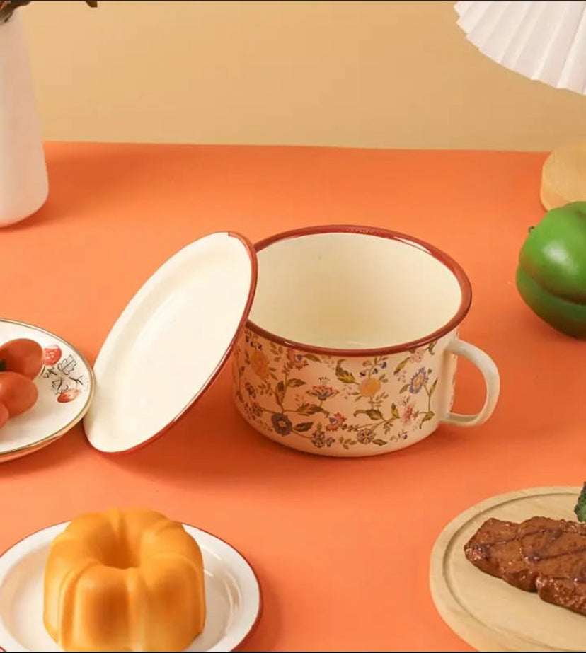 Multifunctional Seasoning Storage Bowl, Enamel Soup Cooking Pot, Flower Design Ceramic Noodle Pot With Lid