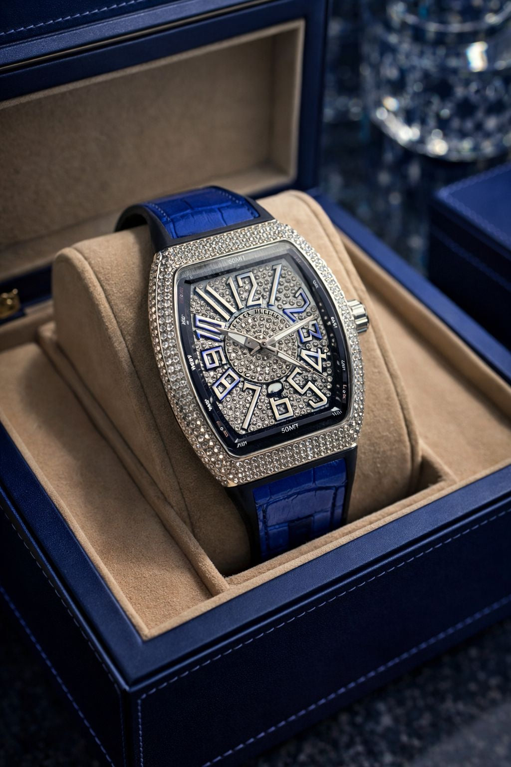 Frank Muller Stone Dial Luxury Automatic Watch – Blue Leather Strap