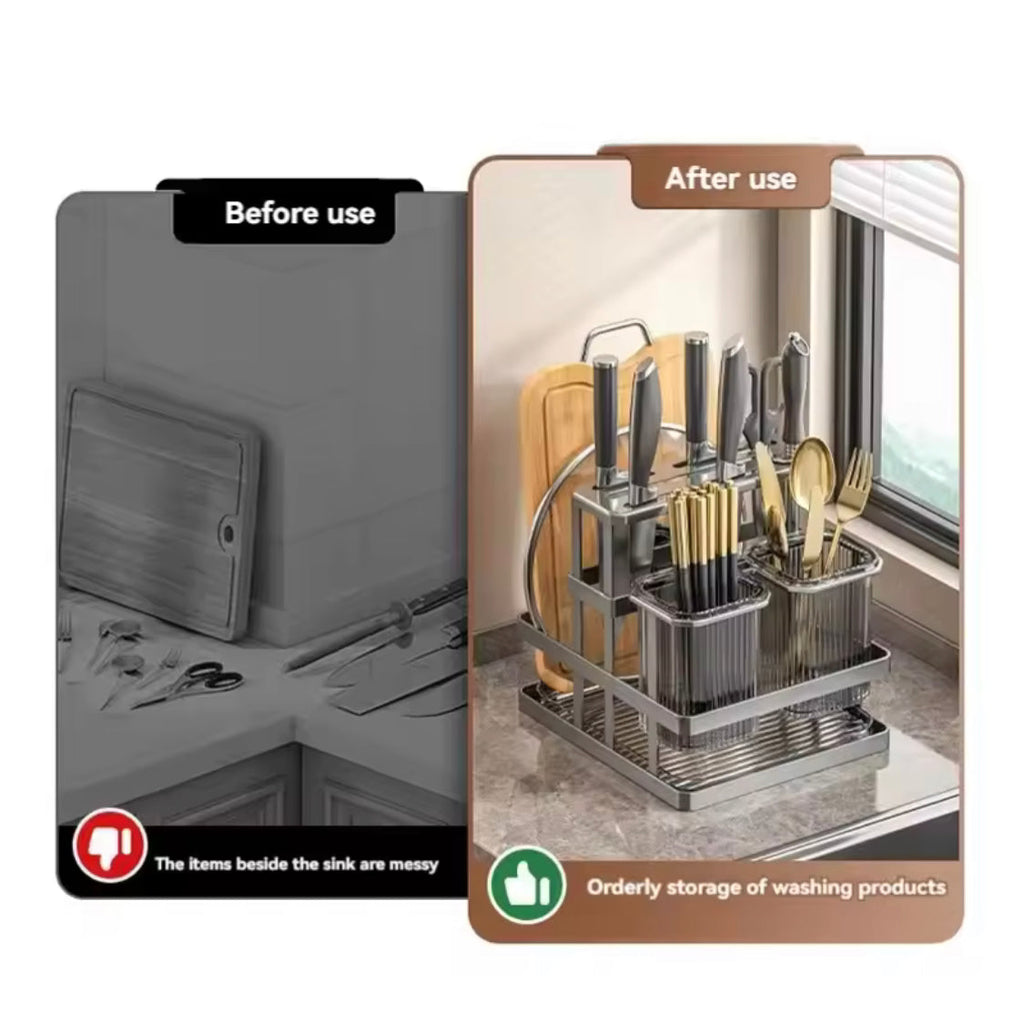 Wall Mounted Cutlery Organizer, Cutlery Organizer With Drain Shelf, Metal Drain Storage Rack