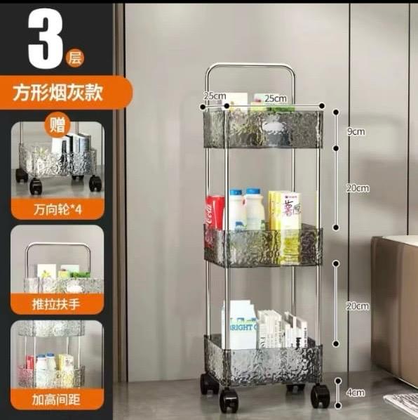 3 Layer Ripple Square Transparent Shelf, Multi Layer Mobile Bookshelf, Multi Purpose Storage Cart
