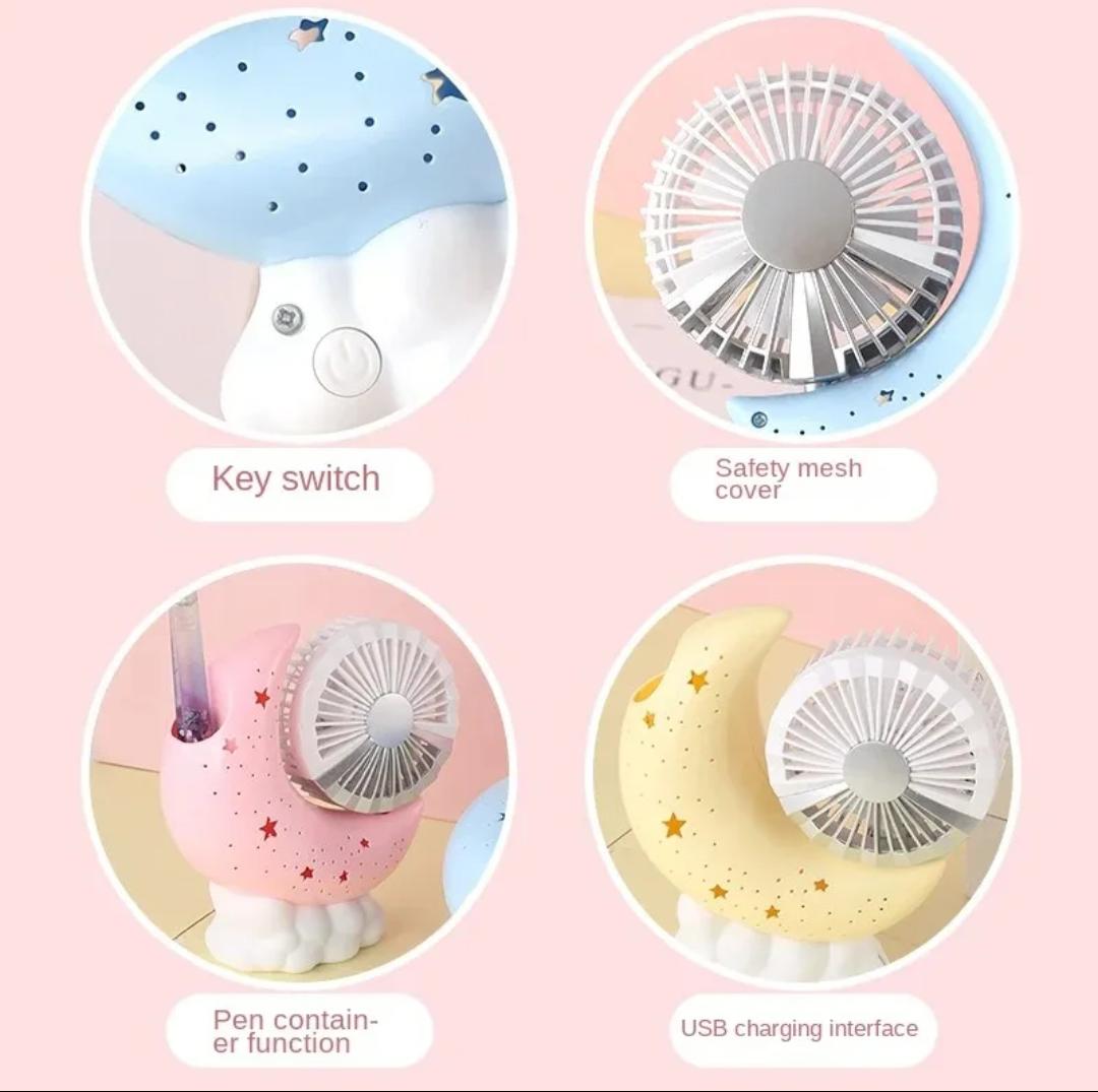 Moon Shaped Mini Fan, USB Rechargeable Desktop Lamp Fan, Adjustable Angle Pen Holder Fan