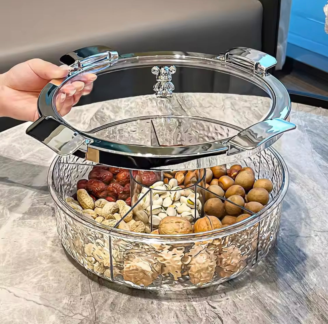 Luxury Sealed Snack Tray With Cover, Five Grid Multi Compartment Dry Fruit Tray, Round Snack Box With Lid, Rotating Serving Tray