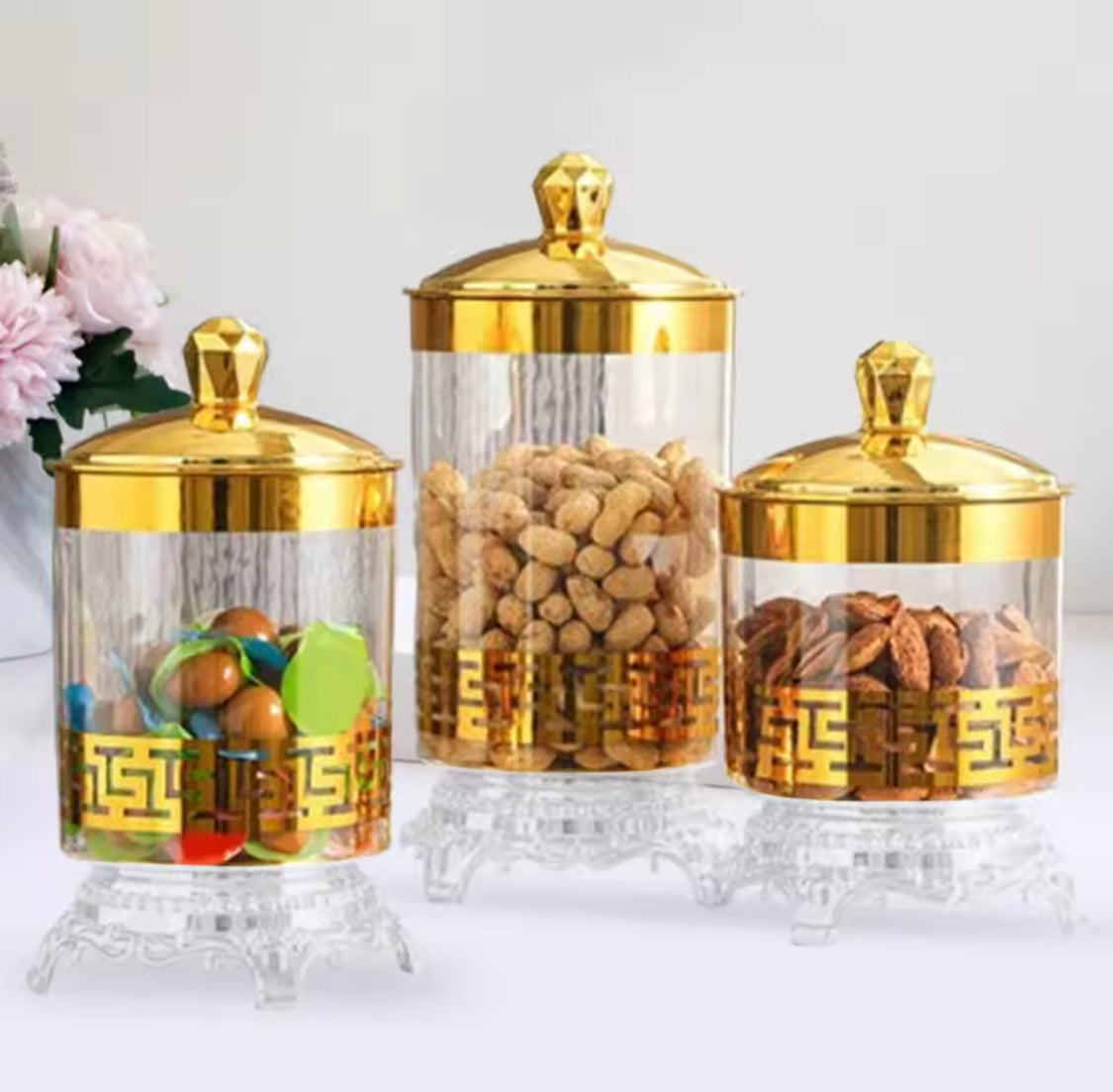 Set of 3 Candy Jar With Lid, Transparent Dry Food Storage Container, Tea Party Serving Jar, Cookie Jar