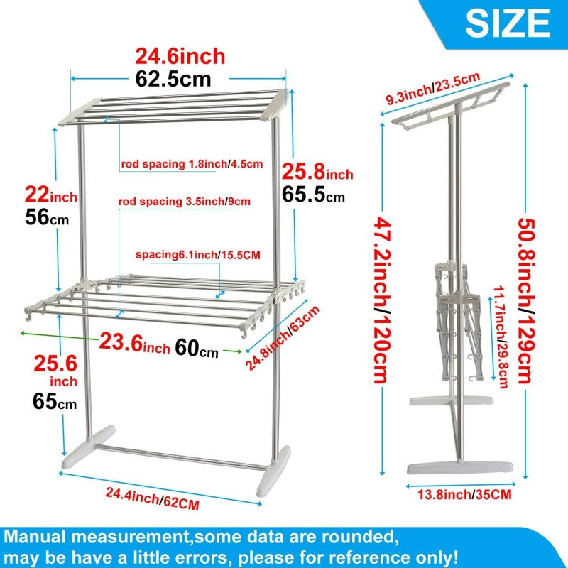 Double Layer Stainless Steel Clothes Rack, Multifunctional 2 Layer Foldable Cloth Dryer Stand Rack, Hanging Storage Wardrobe