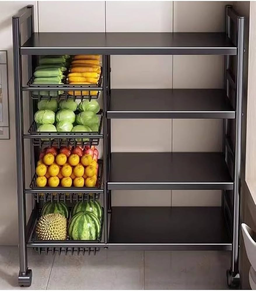 Multilayer Storage Rolling Cart, Moveable Kitchen Storage Rack With Baskets, Multifunctional Kitchen Organizer