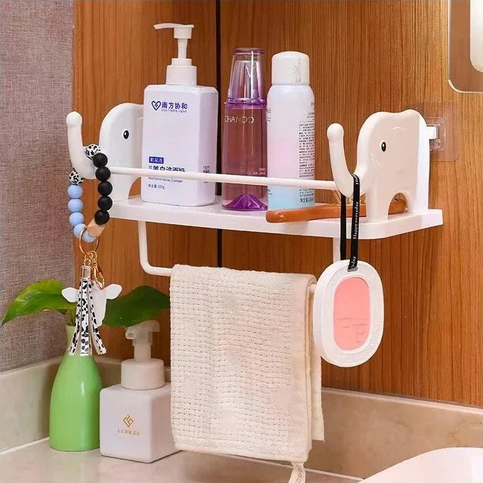 Elephant Rack With Towel Holder, Wall Mounted Elephant Floating Rack, Kitchen Bathroom Storage Shelf, Multifunctional Wall Storage Rack For Shampoo Soap Spices, Self Adhesive Wall Organizer, Multipurpose Household Wall Hanging Storage Rack