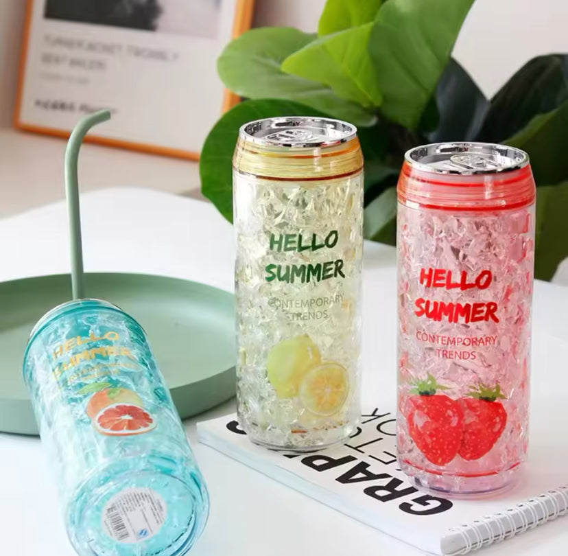 Hello Summer Water Bottle, Double Straw Cold Drink Cup, Creative Milk Box Style Water Bottle, Outdoor Thermos Cup, Summer Glass Drinking Water Bottle