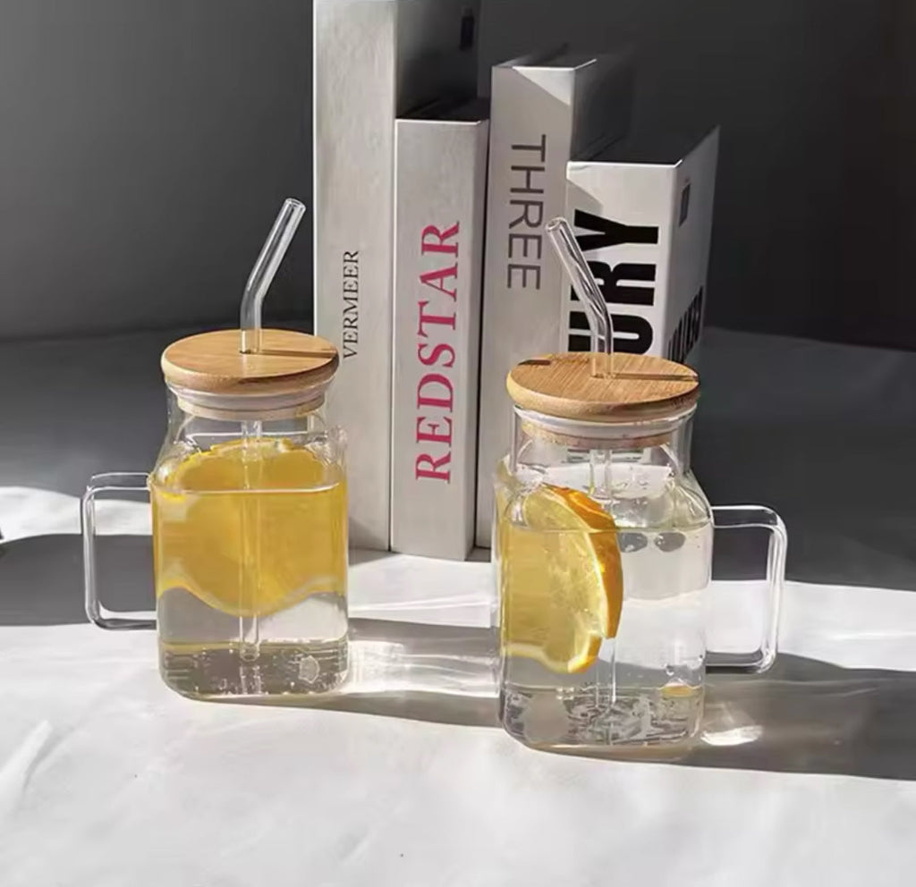 450ml Square Mug With Lid And Straw, Transparent Coffee Drinking Glass Cup With Handle.