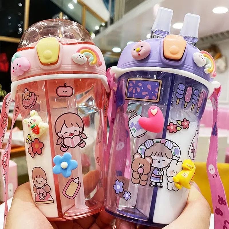 Cute Double Drinking Water Bottle, 430Ml Dual Straw Bottle, Cartoon Sticker Water Bottle, Student Couple Plastic Cup, Transparent Portable Cute Cup with Straw, Double Plastic Sports Cute Water Bottle, Portable Children's Sippy Cup