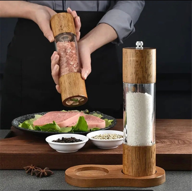 Manual Sea Salt Pepper Grinder, Cylindrical Wooden Salt and Pepper Grinder, Kitchen Seasoning Tool