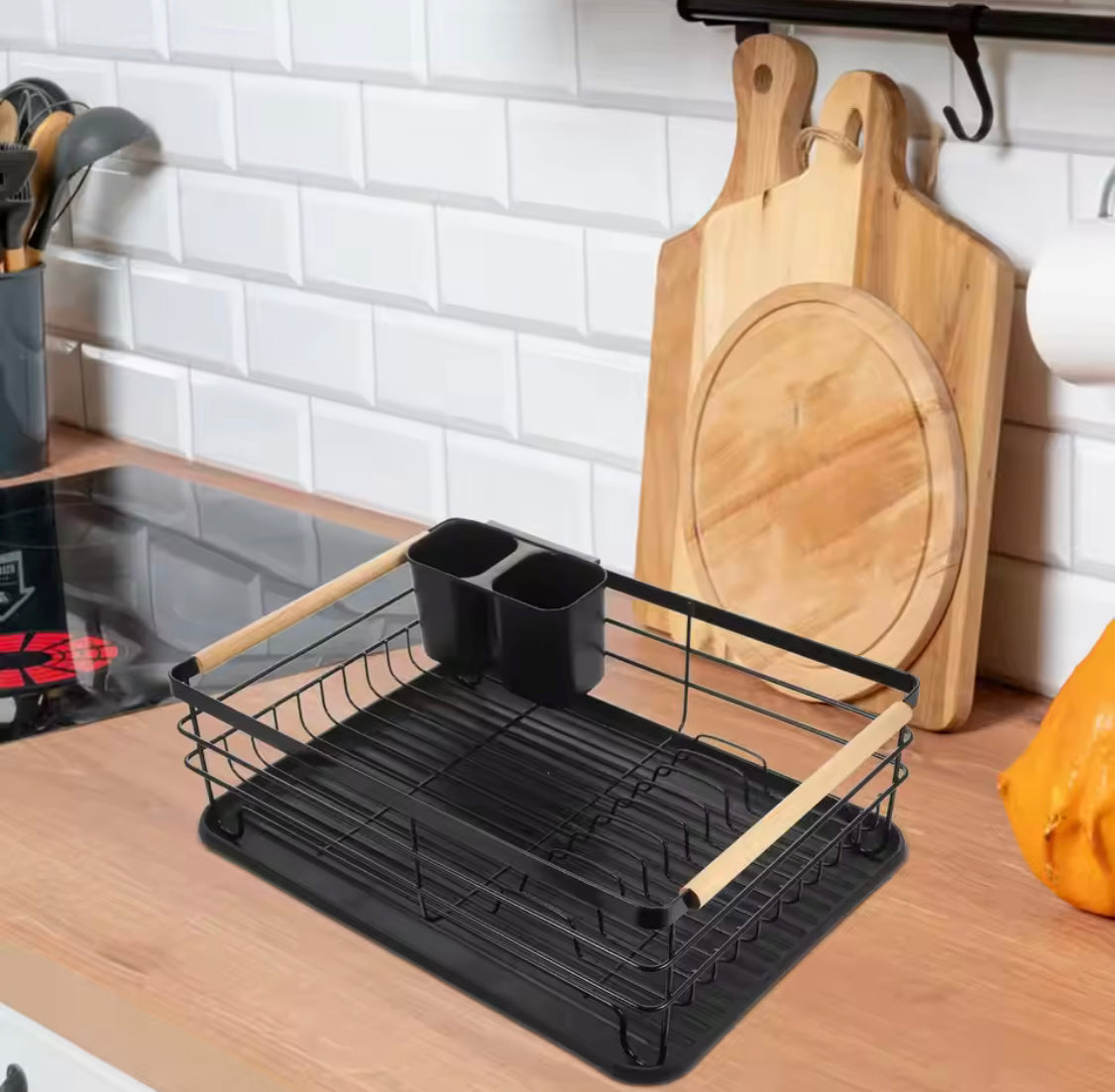 Stainless Steel Kitchen Dish  Storage Rack, Wooden Handle Dish Storage Holder, Chopsticks And Utensils Holder