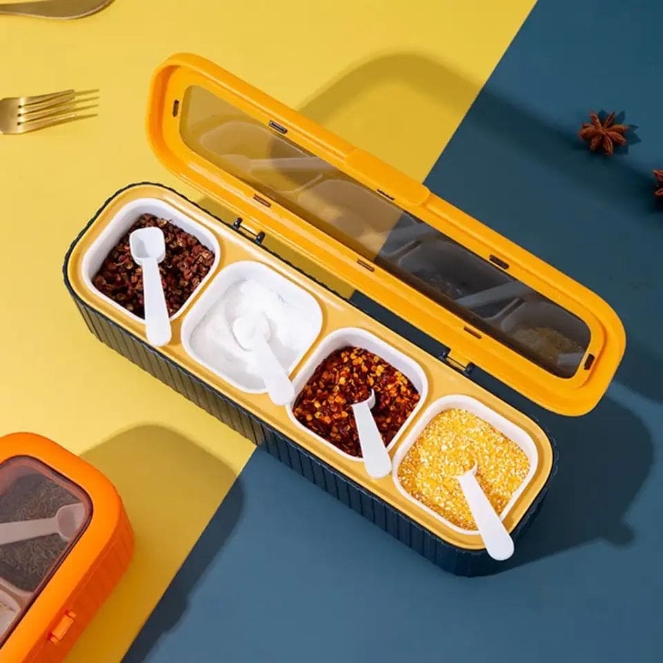 Luxury Four Grid Spice Dispenser, Household Flip with Spoon Spice Box, Seasoning Storage Container for Spice, Salt Sugar Plastic Condiment Jars with Spoons Lid, Kitchen Organization Containers with Cover and Spoon, Household Kitchen Seasoning Bottles