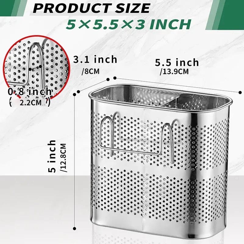 Stainless Steel Utensil Holder, Kitchen Wall Hanging Steel Cutlery Holder Organizer Rack, Multifunctional Chopstick Basket, Silverware Caddy Cutlery Rack, Drying Rack Basket Holder with Hooks