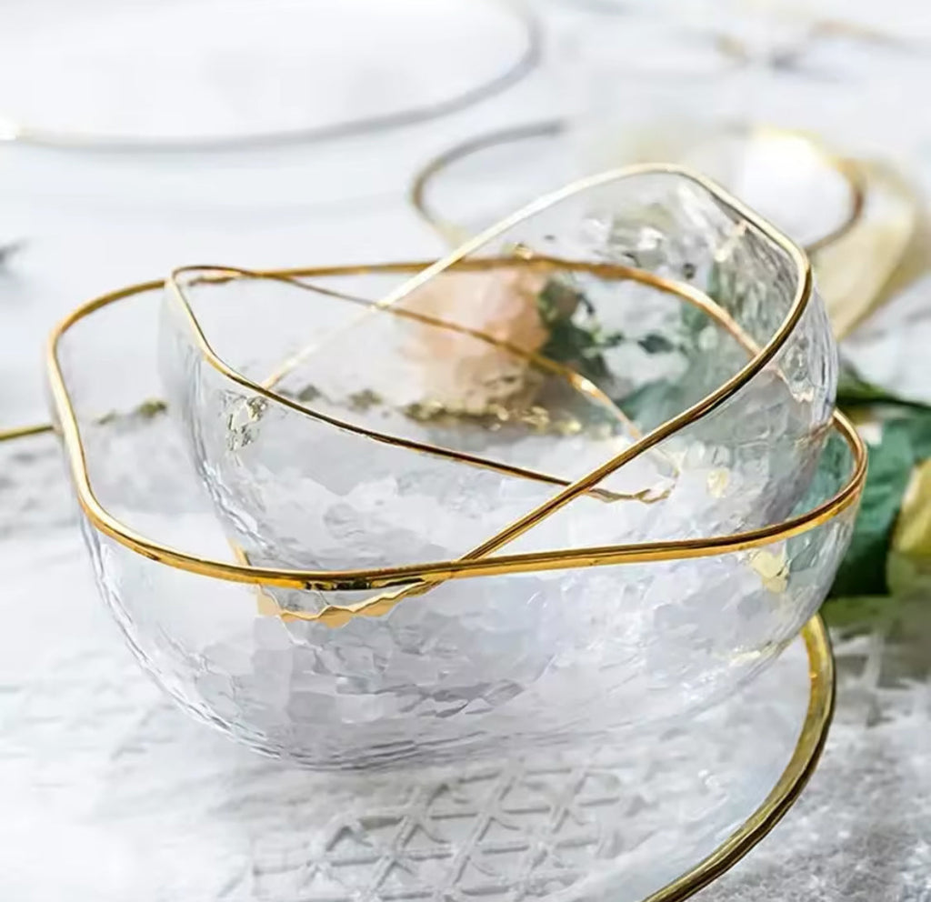 Nordic Golden Border Salad Bowl, Transparent Glass Fruit Plate, Dessert Round Square Bowl
