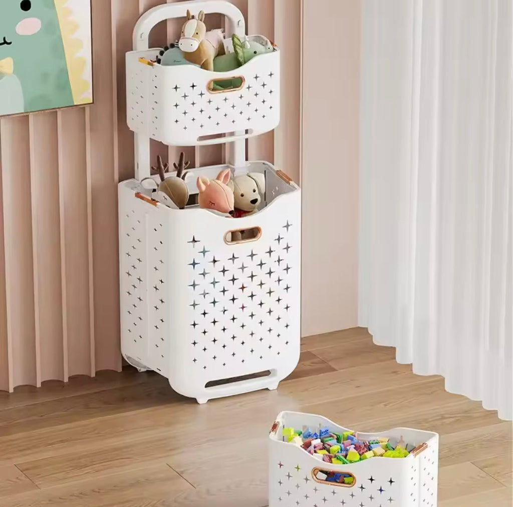 Large Capacity 2 Layers Durable Clothes Basket, Children Clothes Toys Book Storage Organizer, Foldable Laundry Basket, Multifunctional Storage Dirty Clothes Basket