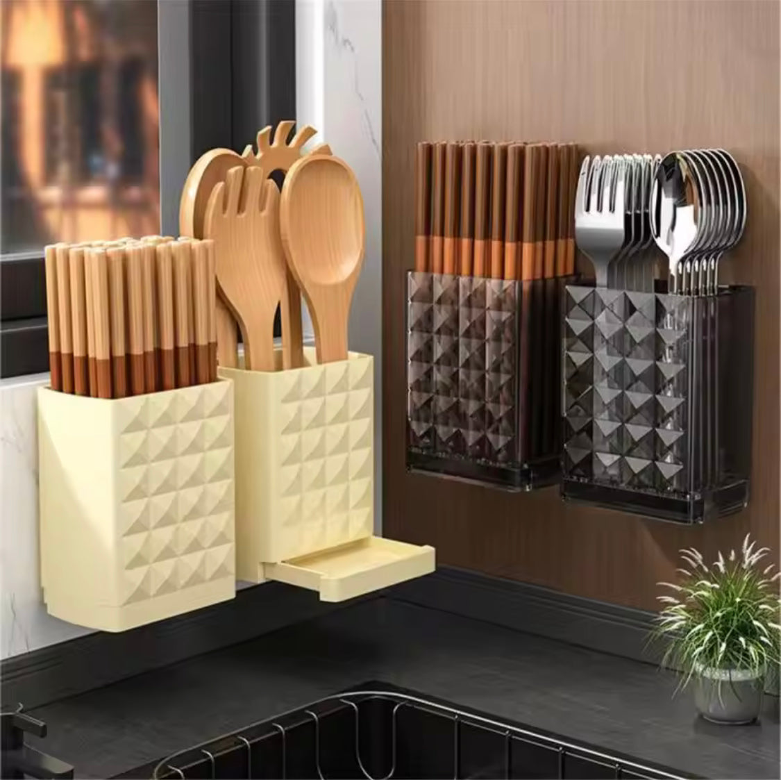 Drillable Cutlery Storage Rack, Wall Mounted Chopsticks Storage Boxes, Kitchen Cutlery Drain Rack