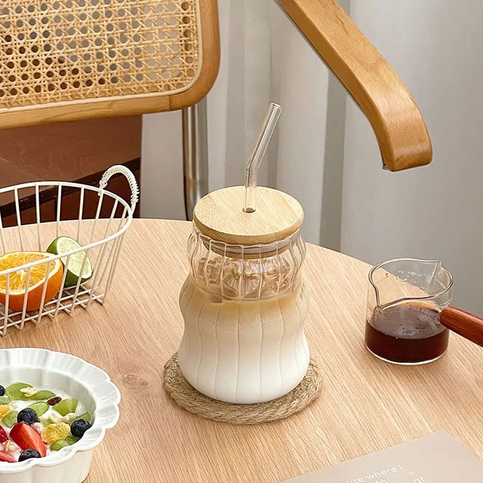 Volcano Glass Mug With Bamboo Glass And Straw.