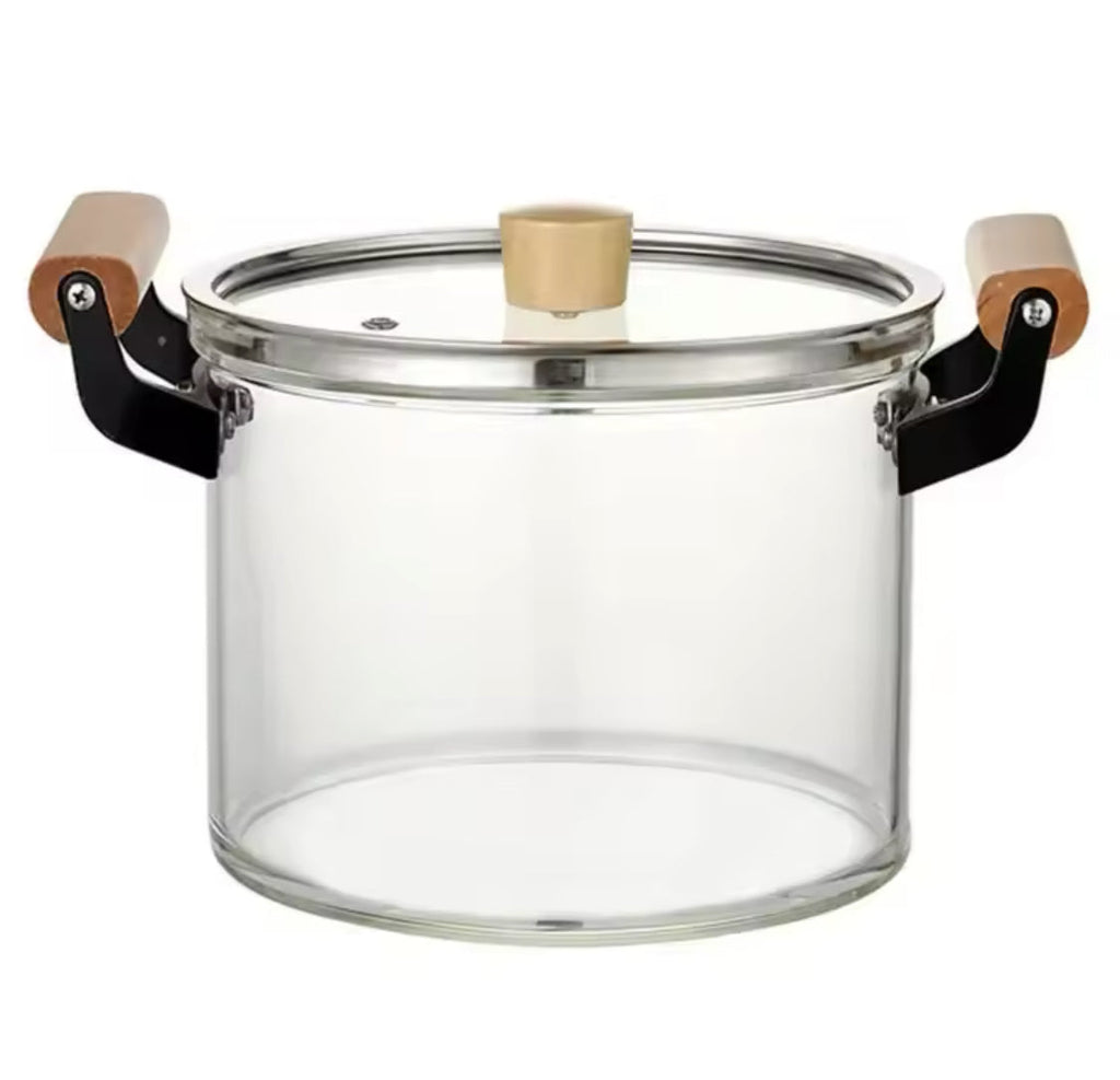 Transparent Cooking Pot With Wooden Handle, Heat Resistant  Glass Pot, Kitchen Cookware Pot