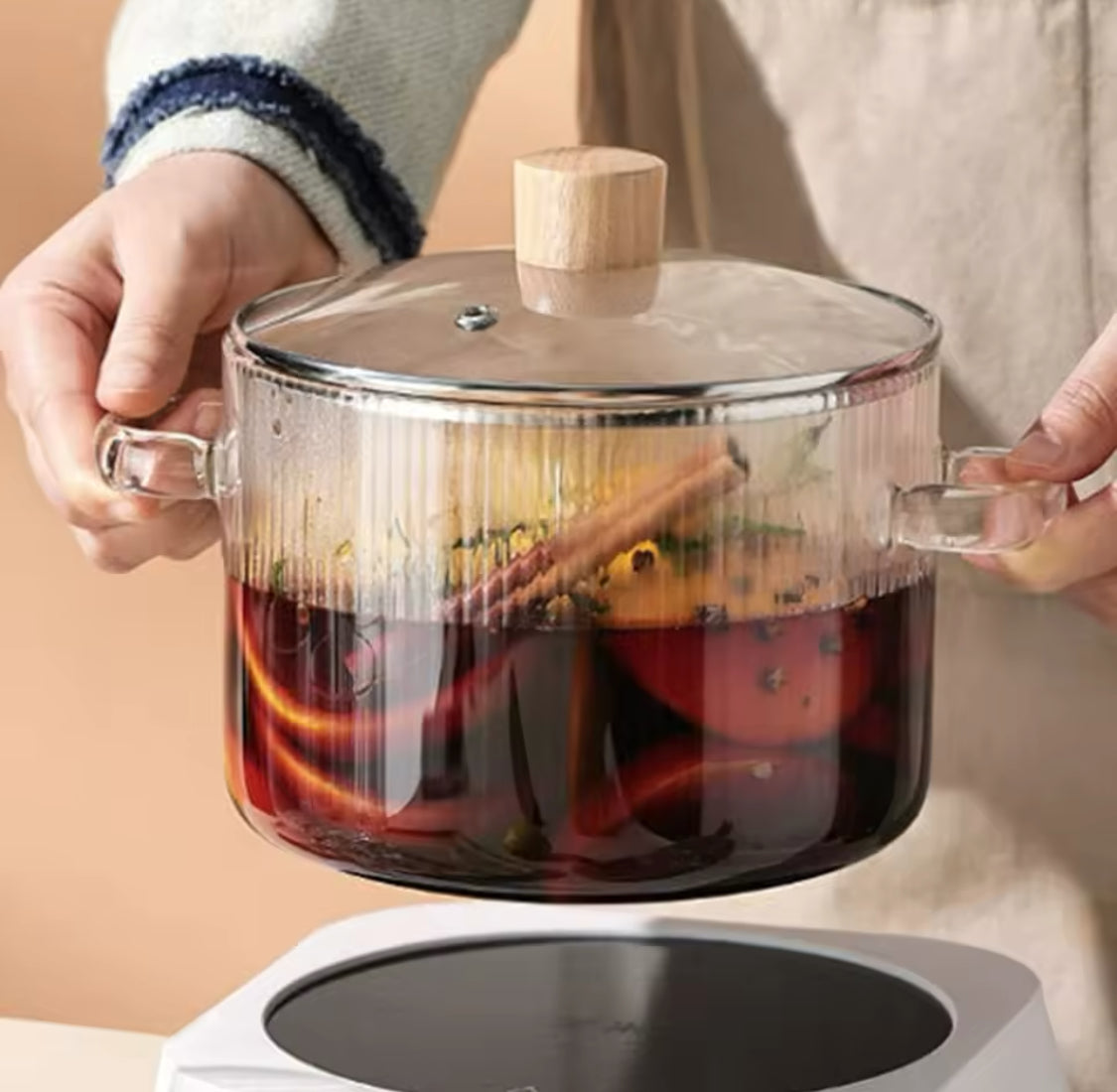 Durable Cooking Glass Pot With Lid, Dual Handles Glass Simmer Pot, Heat Resistant Transparent Cookware, Kitchen Cooking Tool