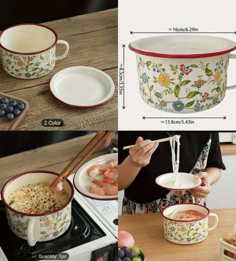 Multifunctional Seasoning Storage Bowl, Enamel Soup Cooking Pot, Flower Design Ceramic Noodle Pot With Lid