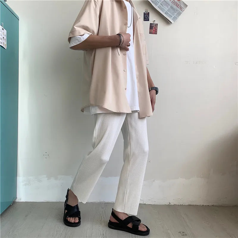 Pleated Trousers Men Summer Straight Casual Trousers