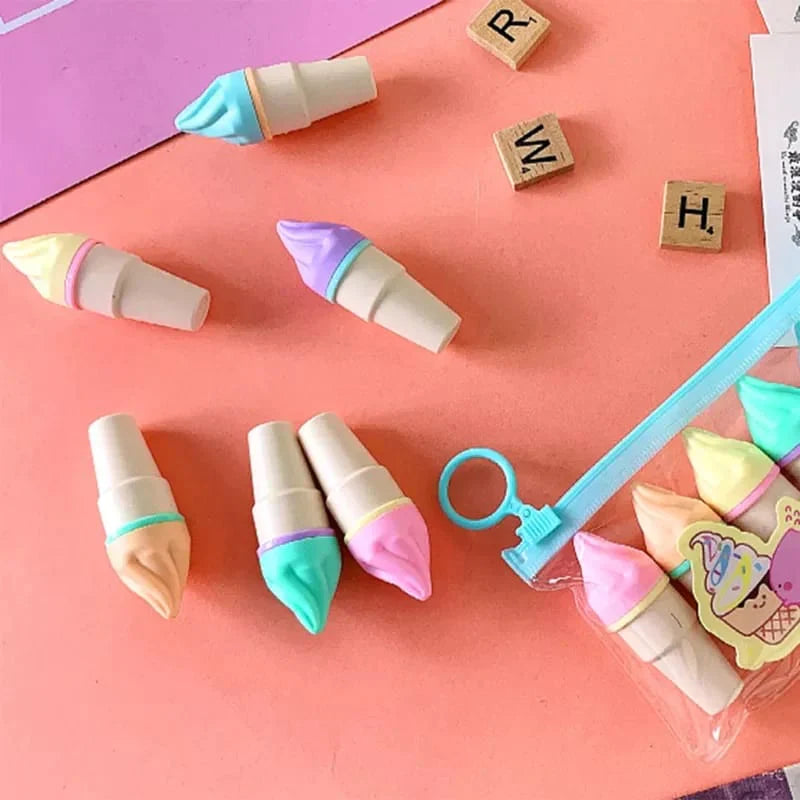 Set Of 6 Mini Ice Cream Highlighter, Portable Mini Sweet Cute Cone Shape Highlighters.