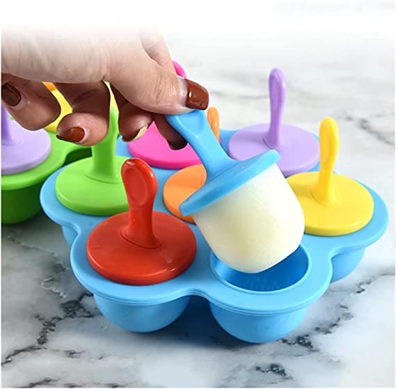 Silicone 7 Grids Fruit Shake Ice Cream Maker Mold, Silicon Popsicle Mold Tray, Portable Ice Cream Container, Fruit Shake Cream Ball Lolly Maker, Multi-Purpose Popsicle Mold, Baby Food Mold Popsicle Stick
