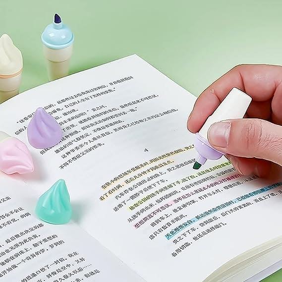 Set Of 6 Mini Ice Cream Highlighter, Portable Mini Sweet Cute Cone Shape Highlighters.