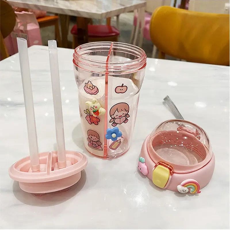 Cute Double Drinking Water Bottle, 430Ml Dual Straw Bottle, Cartoon Sticker Water Bottle, Student Couple Plastic Cup, Transparent Portable Cute Cup with Straw, Double Plastic Sports Cute Water Bottle, Portable Children's Sippy Cup
