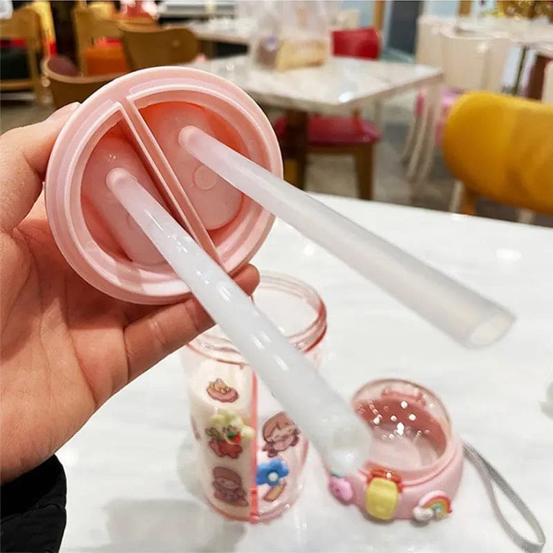Cute Double Drinking Water Bottle, 430Ml Dual Straw Bottle, Cartoon Sticker Water Bottle, Student Couple Plastic Cup, Transparent Portable Cute Cup with Straw, Double Plastic Sports Cute Water Bottle, Portable Children's Sippy Cup