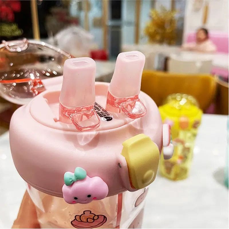 Cute Double Drinking Water Bottle, 430Ml Dual Straw Bottle, Cartoon Sticker Water Bottle, Student Couple Plastic Cup, Transparent Portable Cute Cup with Straw, Double Plastic Sports Cute Water Bottle, Portable Children's Sippy Cup