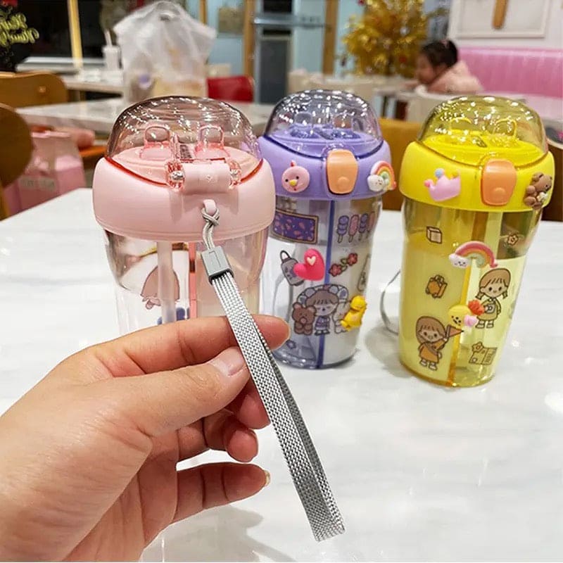 Cute Double Drinking Water Bottle, 430Ml Dual Straw Bottle, Cartoon Sticker Water Bottle, Student Couple Plastic Cup, Transparent Portable Cute Cup with Straw, Double Plastic Sports Cute Water Bottle, Portable Children's Sippy Cup