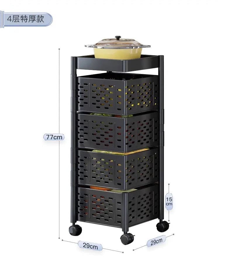 Square Multi Tier Rotating Storage Basket, 360° Rotating Fruit and Vegetable Stand, Kitchen Storage Rack with Mesh Baskets & Wheels, Mobile Kitchen Storage Fruit and Vegetable Holder